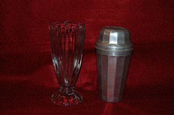 Vintage Thompson Aluminum Malt Shop  Milkshake Shaker and Ribble Glass Set