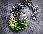 Ombre Sparkly Green & Champagne Glitter Circle Resin Pendant on Handmade Silver Chain Necklace - Glitter Jewelry