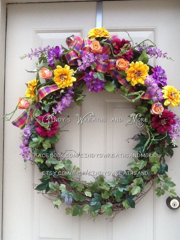XL Oval Floral Grapevine Wreath, Spring Wreath, Summer Wreath, Flowers and Ivy, Home Decor, Door Wreath, Purple, Yellow, Pink