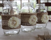 Shabby Chic Burlap, Lace and Flower Mason Jar