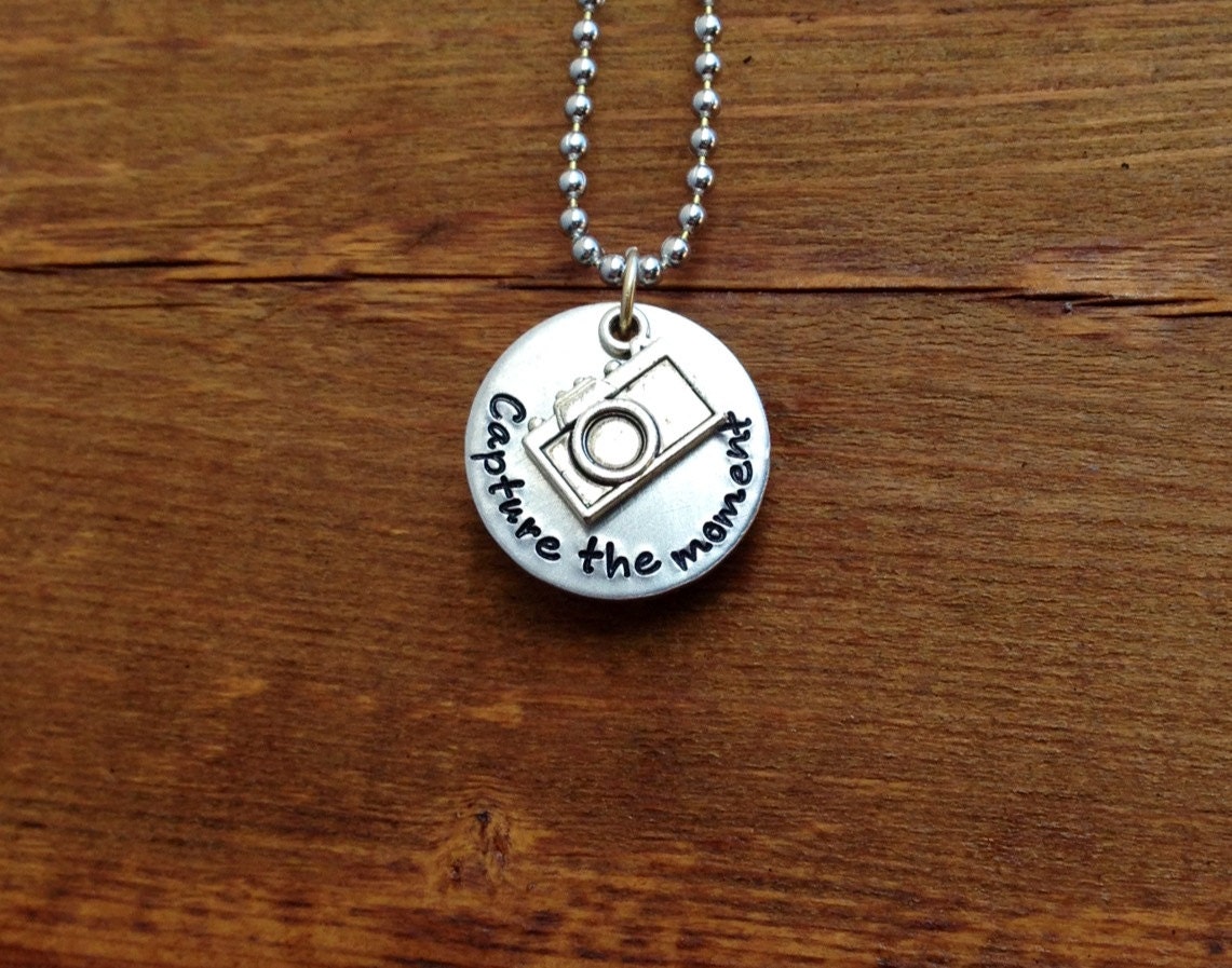 Capture the moment - Hand Stamped Necklace with Camera Charm
