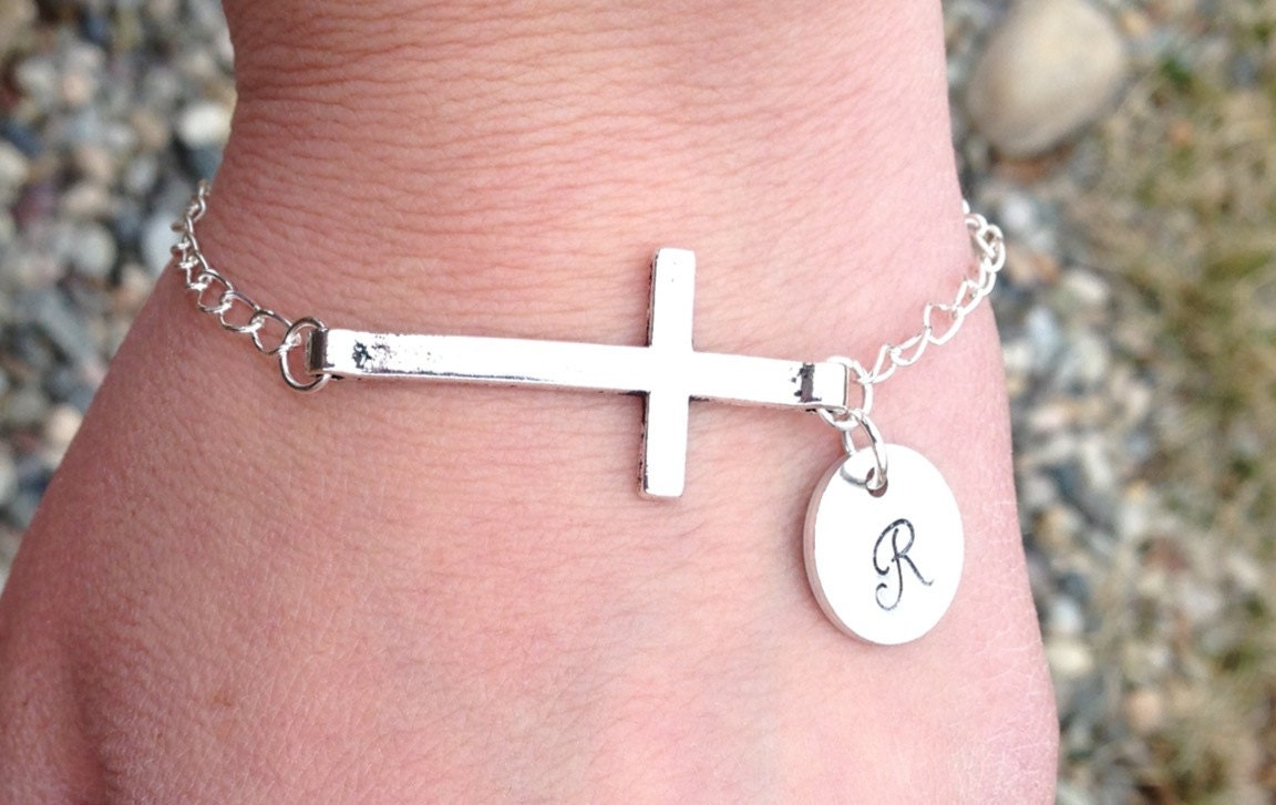 Rustic sideways cross bracelet with Personalized Monogrammed Disc, Custom, Initial, Graduation Gift