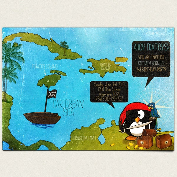 Pirate invitation Printable Cariebbean pirate penguin themed birtday party invite / kids girls boys customized Il_170x135