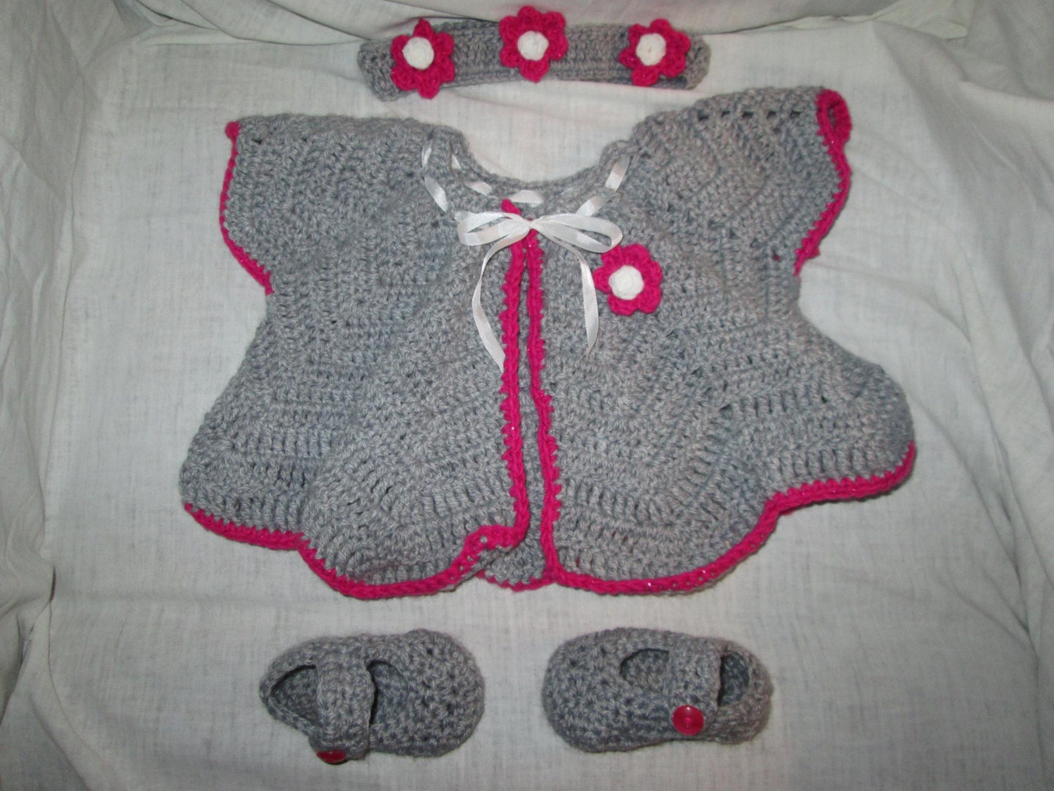 Baby Girl Ripple Sweater Headband Booties Layette Set - Made to Order