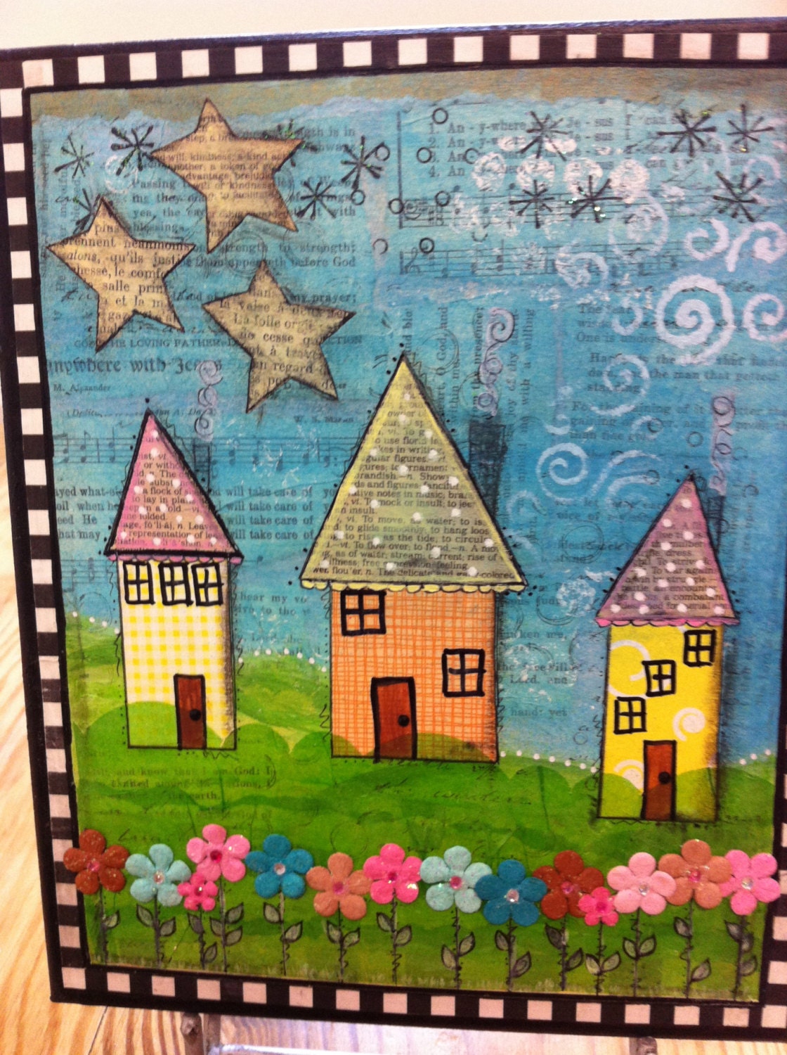 Three Houses, mixed media on canvas