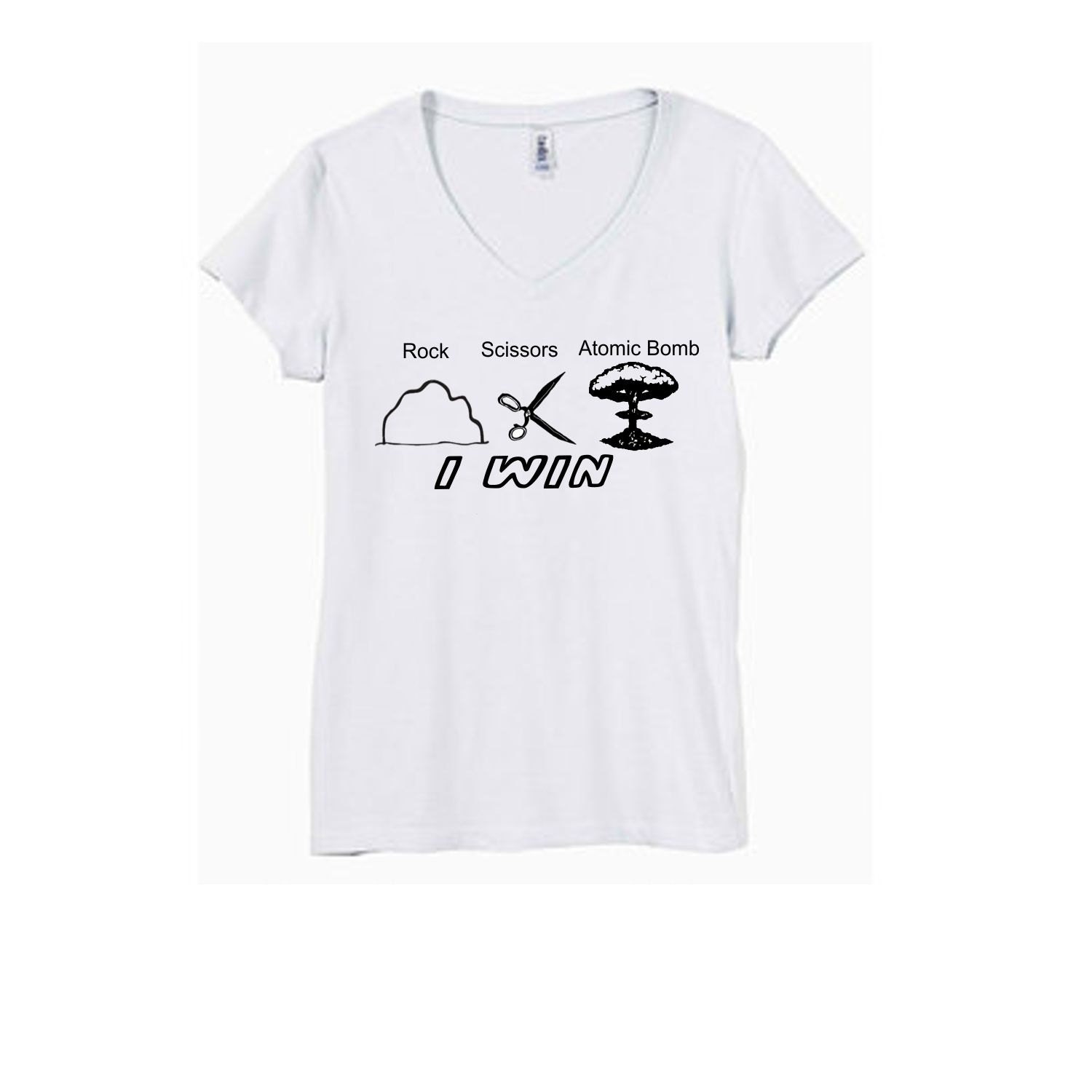 Funny "Rock Scissors Atomic Bomb" Womens Tshirt- Deep Vneck- Womens VNeck Tshirt-Crewneck Tshirt