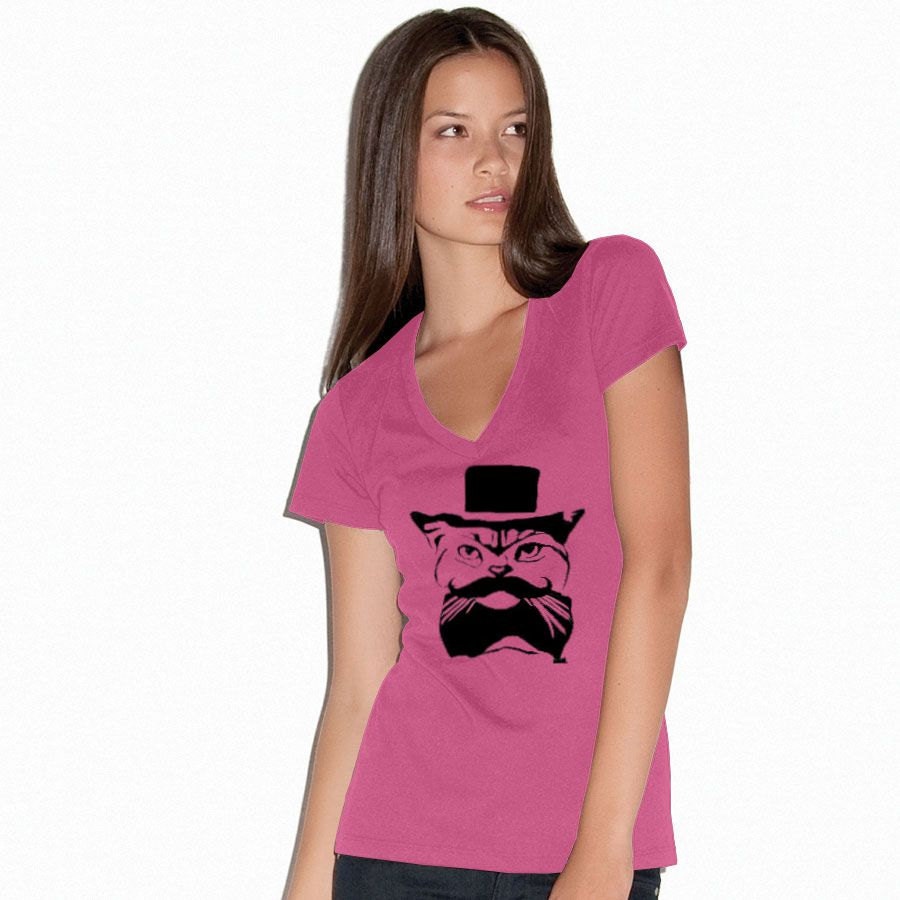 Funny Cat in a Top Hat Wearing A Mustache- Womens Vneck Shirt-Crewneck Tshirt- Tshirt-Clothing