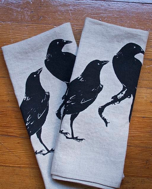 Black Crows Hand Screen Printed onto 100% Linen ClothTea Towel kitchen towel Eco cloth,Hostess gift