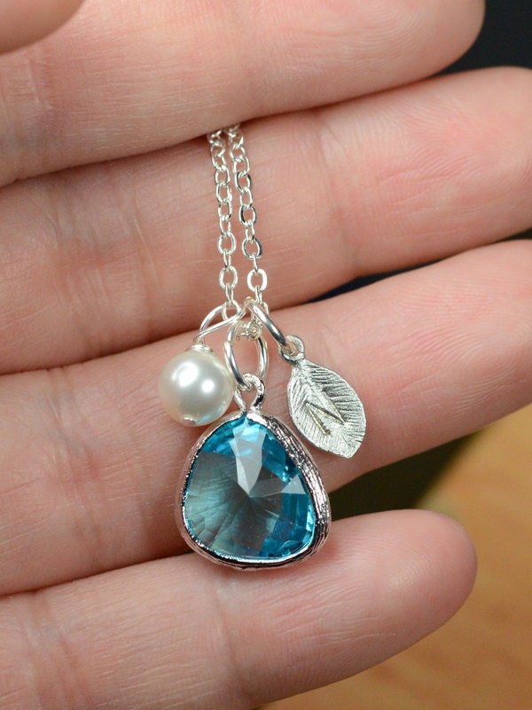 Bridesmaid Jewelry Wedding Bridal-Bridesmaid gifts,pearl ,initial leaf ,stone bezel ,sapphire blue ,personalized NECKLACE ,monogrammed gifts