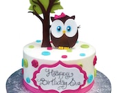 Hand made fondant Cute Owl complete cake kit with birthday plaque, stand up tree and owl with dots and ribbon
