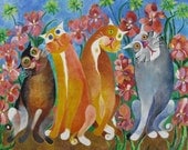Cat Print  8 x 10 Print from Original Acrylic Painting  Cat Art  Archival Print  entitled Garden Party Cats