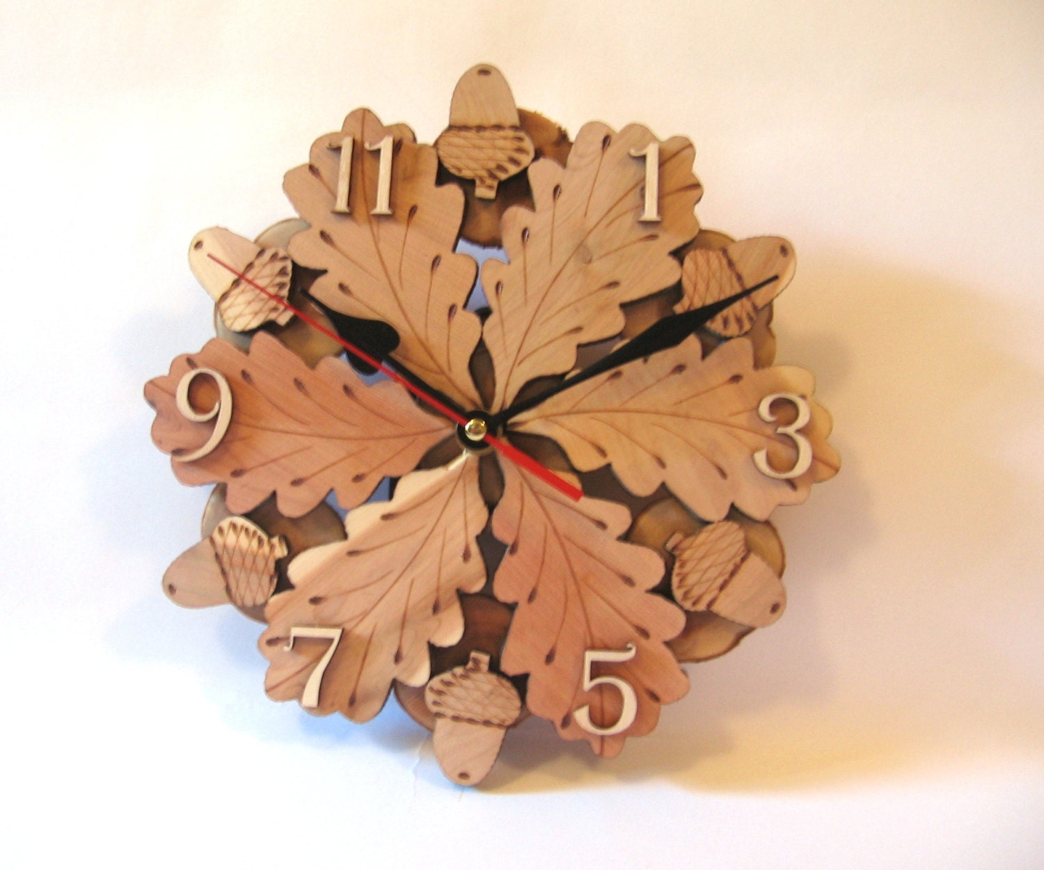 Wood Clock, Wall Wood Clock, Acorn Clock, Acorn and Oak Leaf Clock