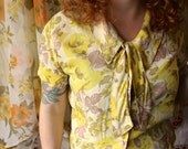 Vintage Women's 1960s Medium Floral Secretary Blouse // Ladies 60s Gold and Antique Fuchsia and Sand Dune Scarf-Tie Shirt // Made in Canada