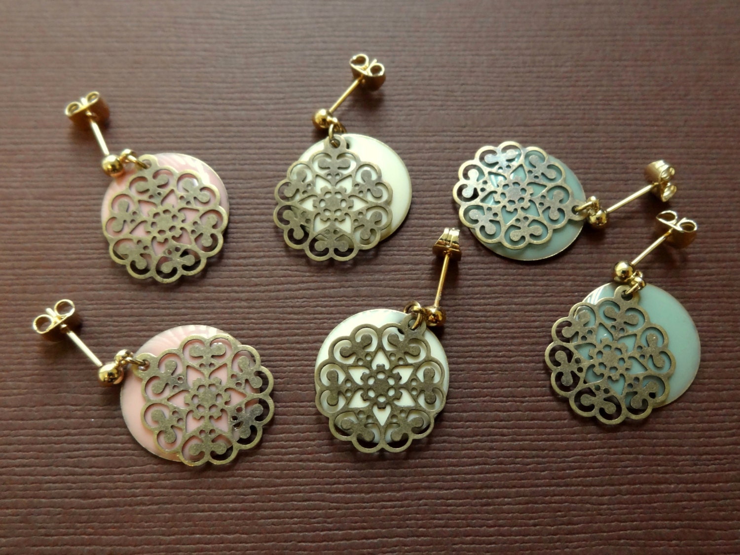 Chic Pink Filigree brass Floral Earrings, Steel Blue and Cream Dangles, Vintage Gold Stud Earrings Handmade Gift Bridesmaid Jewelry