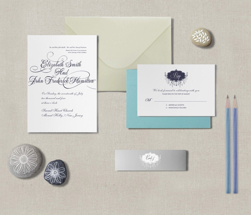 Custom wedding, Blue White Pink invitation, Rustic Vintage Country Unique Wedding Invitation Set / free shipping