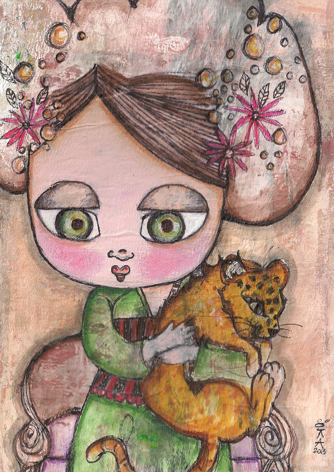 A5 Print, My little cheetah,big,cat,cat,flowers, kimono,red,