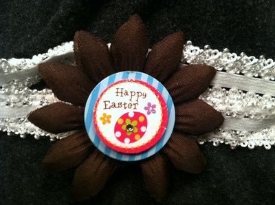 Brown Handmade Flower With Handmade Paper Happy Easter Rhinestone Middle On Elastic Headband - $7.00 USD