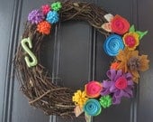 Shabby Chic Style Spring Grapevine Wreath with handmade felt flowers - Citrus Sunflower Initial - raspberry, green, yellows, orange, purple