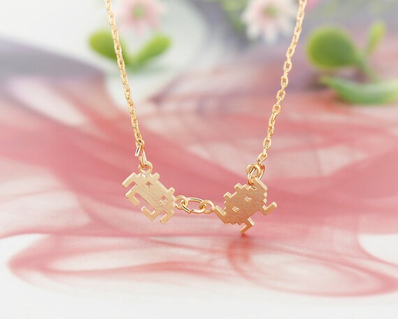 Space Invaders Necklace - Gold // N039-GD // Gold Plated, Best friend Gift, Birthday Gift, cute, adorable, everyday jewelry, simple pendant,