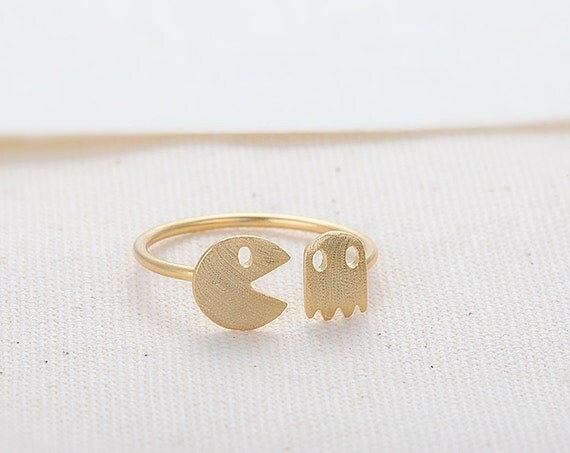 Pac-Man and Ghost Ring - Gold // R013-GD // Pacman rings,unique rings,adjustable rings,stretch rings,cute ring,fun rings