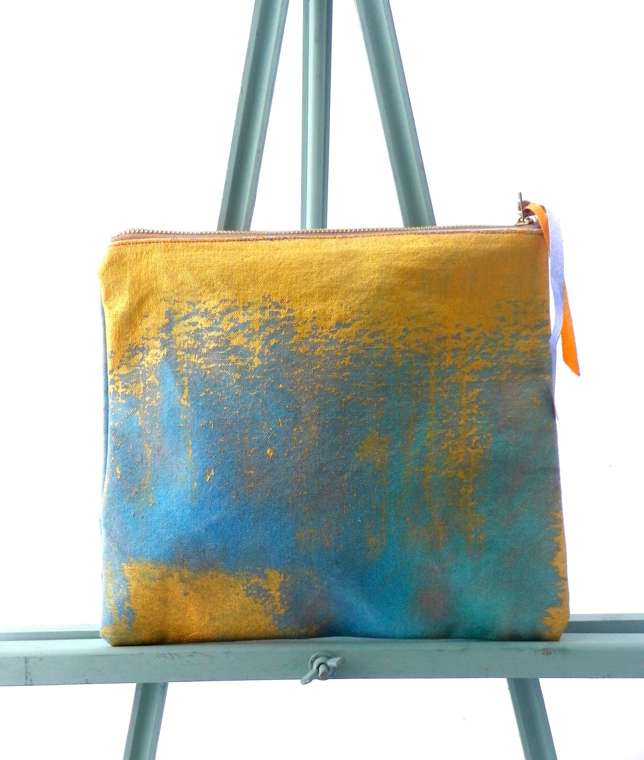 canvas gold zipper clutch,hand painted using acrylic paint, abstract design with mint green/teal/gold, makeup bag