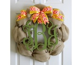 Burlap Wreath With Bow and Monogram Initials - Colorful Chevron Ribbon - Front Door Decor - Monogram Wreath