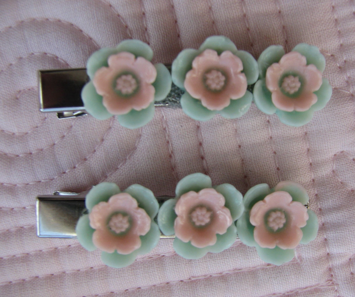 Flower Hair Clips Barretts Pink and Mint Green Flower Hair Accessories