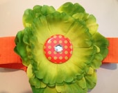 Large Lime Green Peony Flower with Crystal  Button Embellishment on a Bright Orange Stretchy Headband