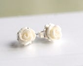 Handmade tiny rose earrings, ivory, cream, white, sterling silver, resin flower cabochon, flower studs, post, Petite Mimi Jewelry