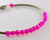 Fuchsia Bangle Czech Glass Stacking Bracelet Sleek Bright Pink Beads Antiqued Brass Jewelry