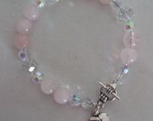 jewelry womens bead bracelet handmade rose quartz pink stone clear glass rondelles metal heart charm valentine