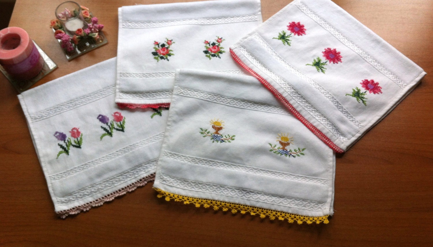 Kitchen and Bathroom Hand Embroidered Towel with Spring Flowers,Rose,Tulip,Pink Daisy or Sunflower,Has Beautiful Lace,Ready To Ship
