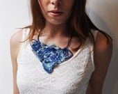 Beautiful unique blue and pastel green fiber art statement necklace from cotton wire and little transparent details