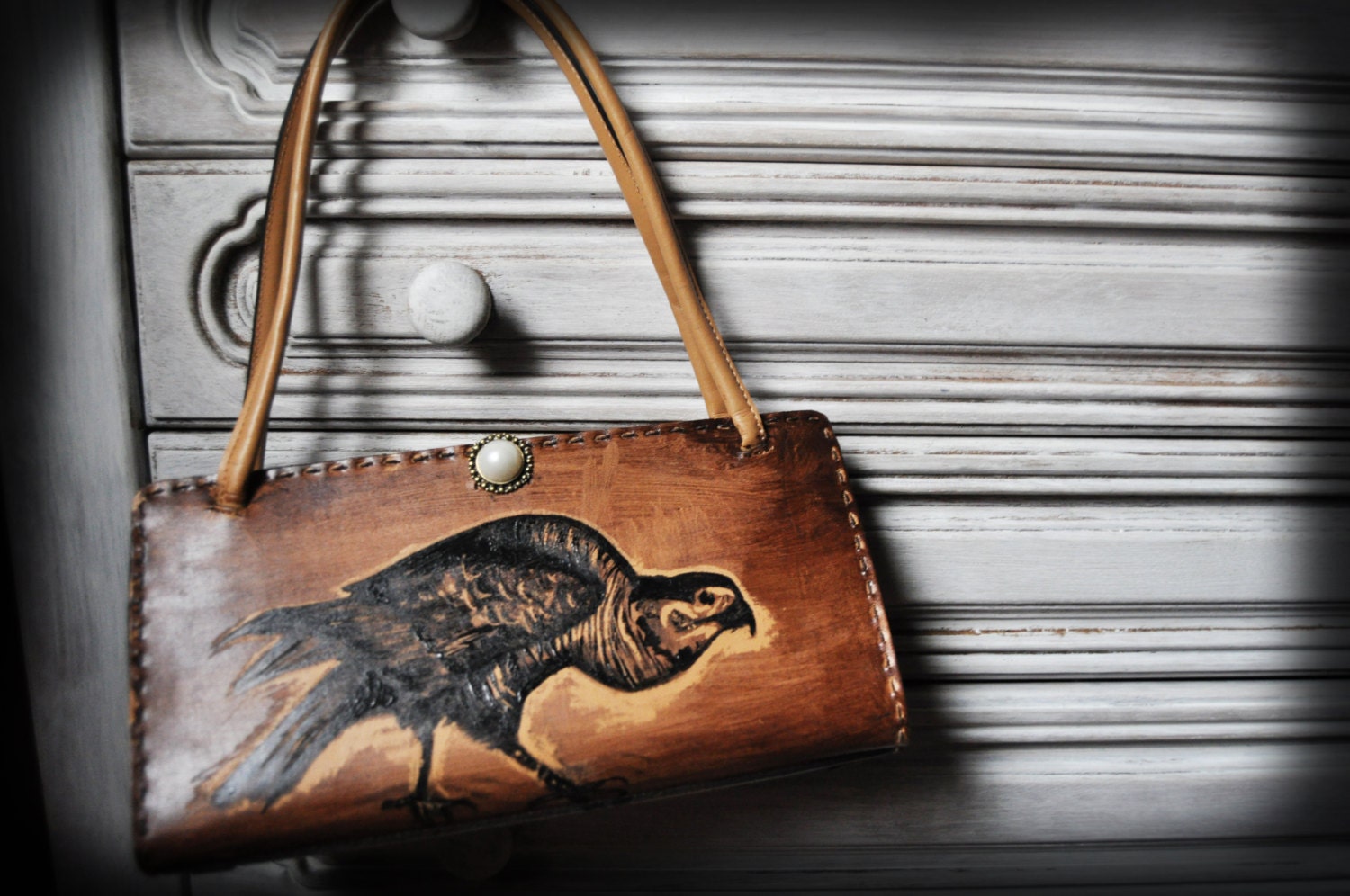 Unique brown handbag with hand painted black bird