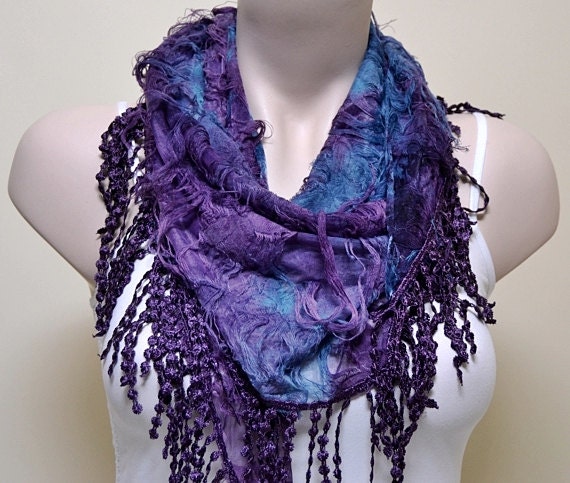 Mother's Day Gift, Purple Blue Scarf - Cowl with Lace Edge - by cynosurestar