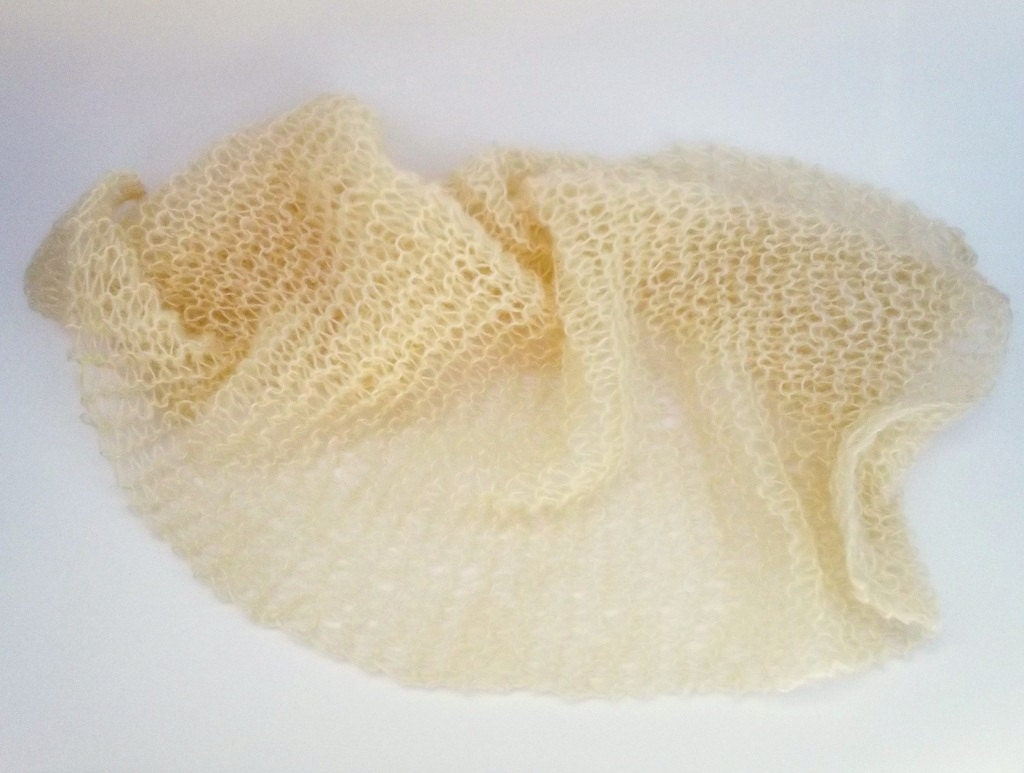 Hand Knit Light Yellow Baby Wrap mini Blanket Newborn Photography Prop, soft and open in mohair blend with large stitch