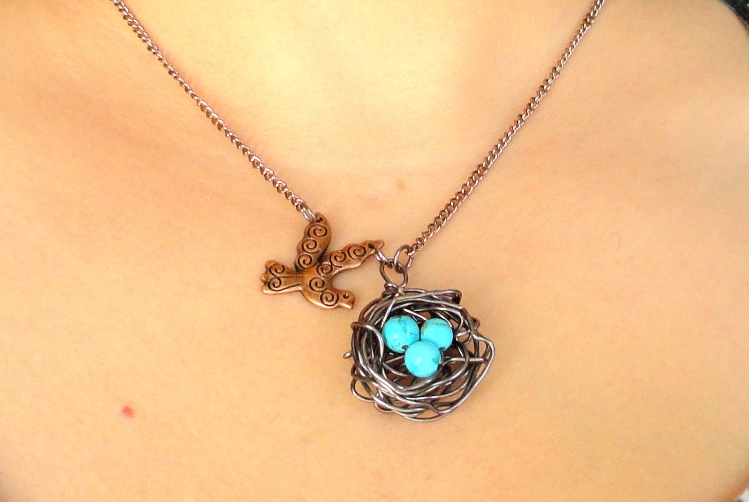 birds nest pendant , birds charm necklace, turquoise birds nest, handmade jewelry