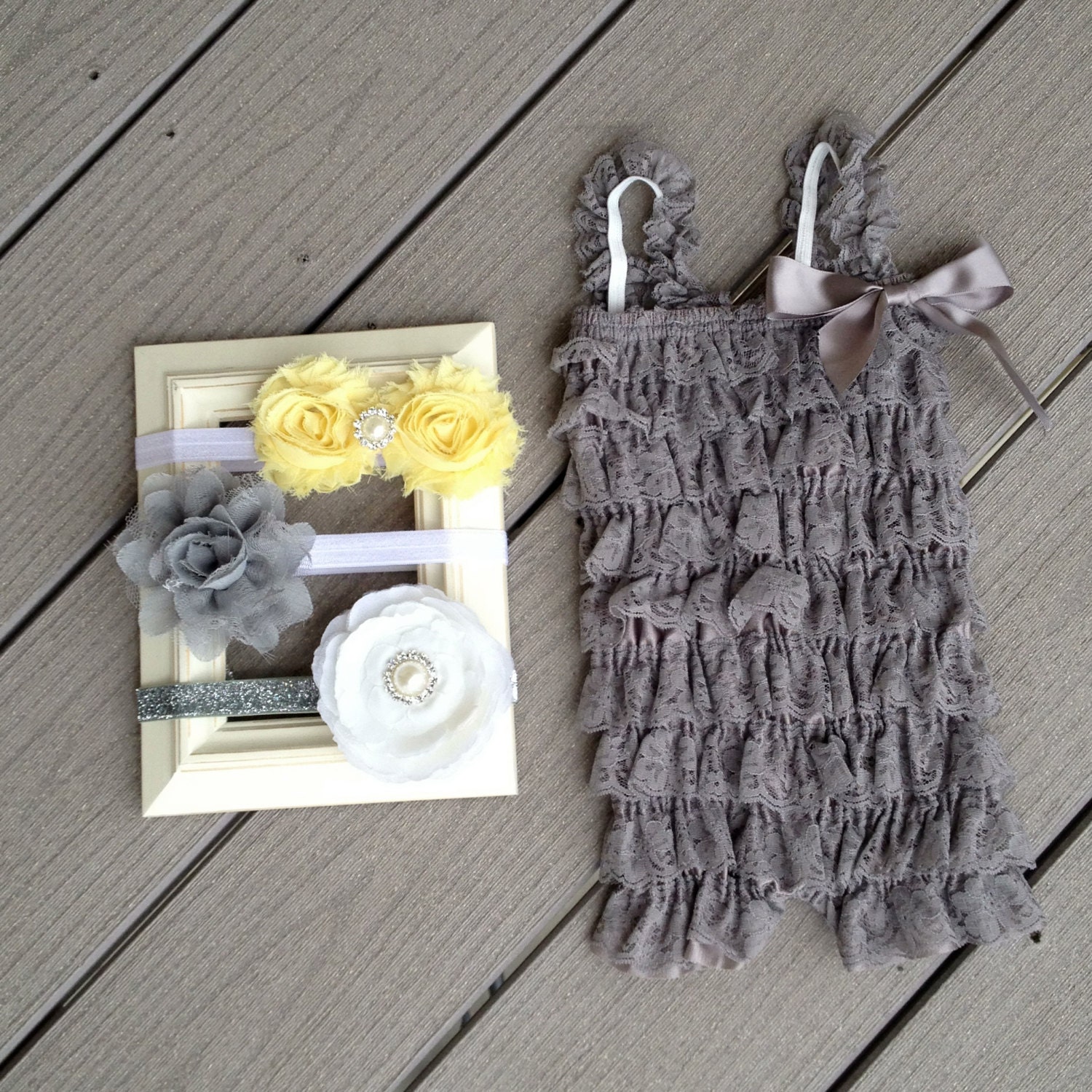 Gray Vintage Silk Lace Ruffle Romper with headband of your choice, Photo Prop, Newborn, Baby Romper, Baby Headband, Shabby Chic