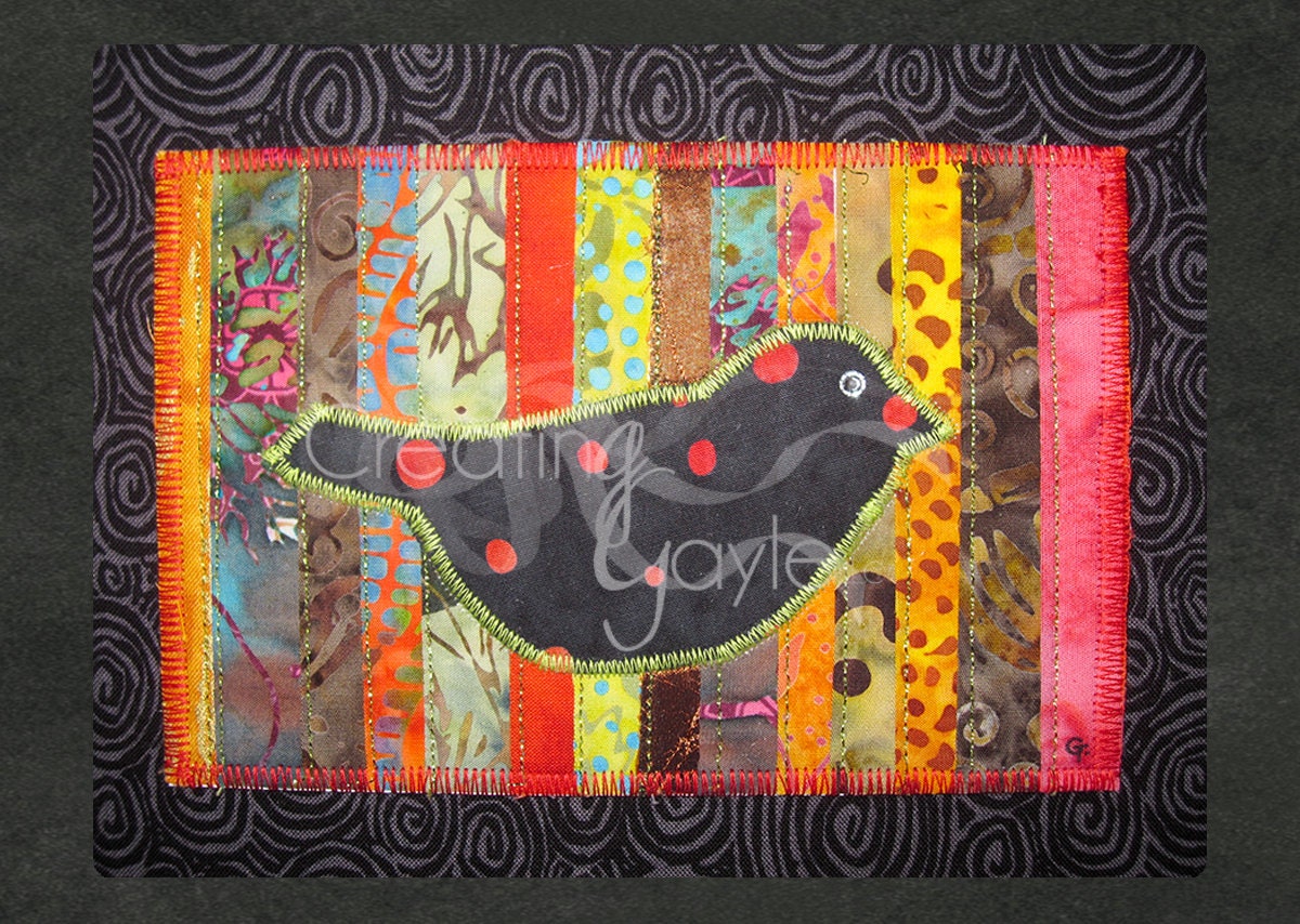 FIBER ART POSTCARD - A Little Birdie Told Me (Black Red)