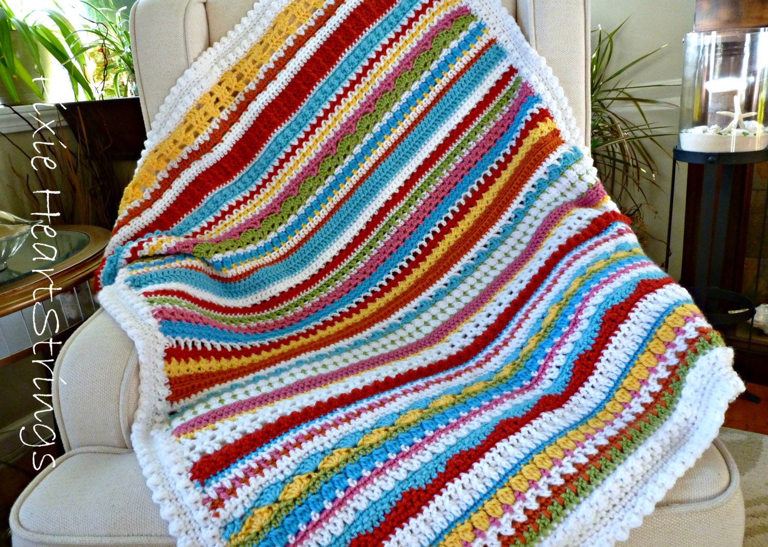 Crocheted Baby Blanket. Sampler Baby Afghan. Striped Baby Afghan.