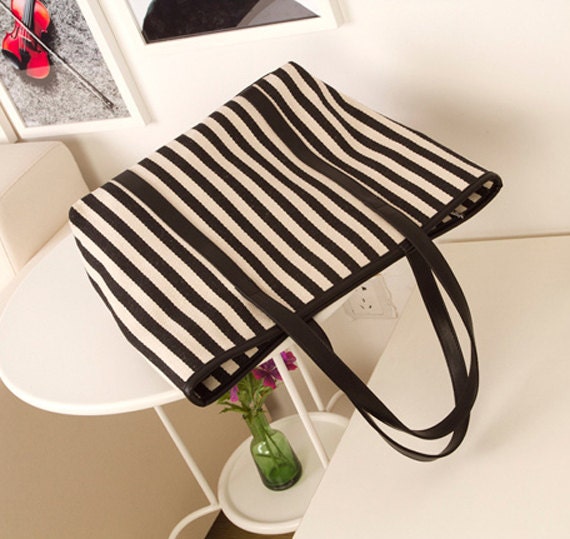 Navy Vertical stripe style Women Canvas shoulder bag tote handbag beach bags shopper black