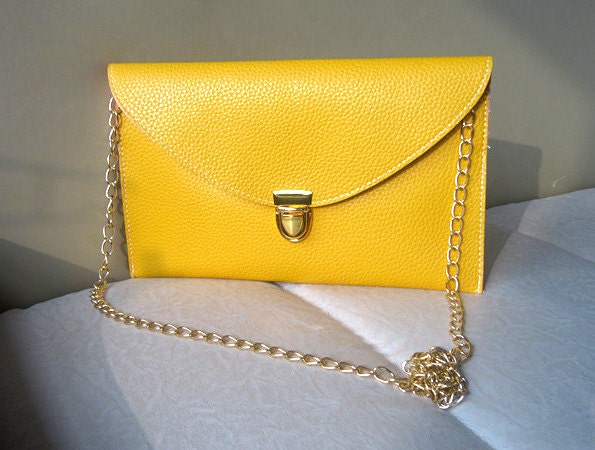Leather Clutch Bag Women's Envelope Shoulder Bag Purse OL Handbag paper bag with chain yellow