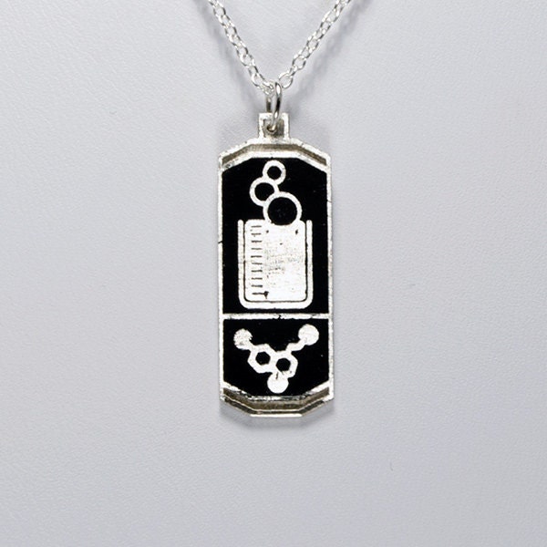 Sterling Silver Chemistry beaker and serotonin molecule pendant necklace