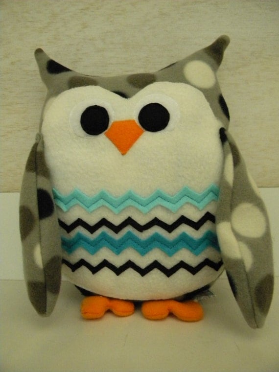 Handmade Gray, Black and White Polka Dot Plush Fleece Owl with Aqua