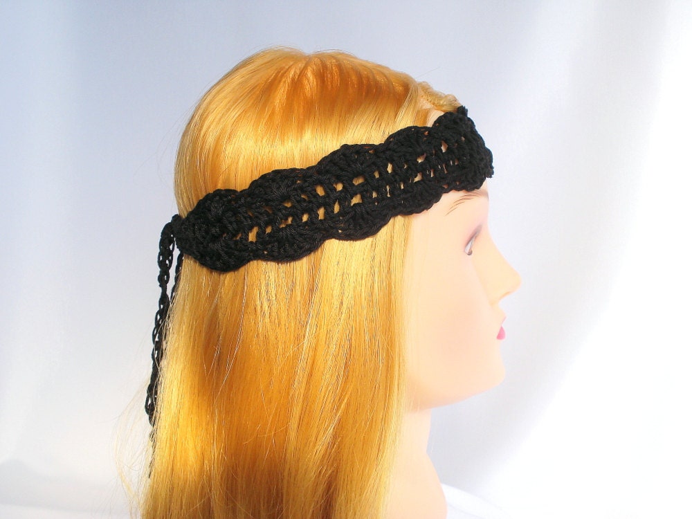 Black crochet headband Cotton hair band Bohemian boho hippie Hand crocheted tie head band Womens Girls accessory Eco friendly Gift