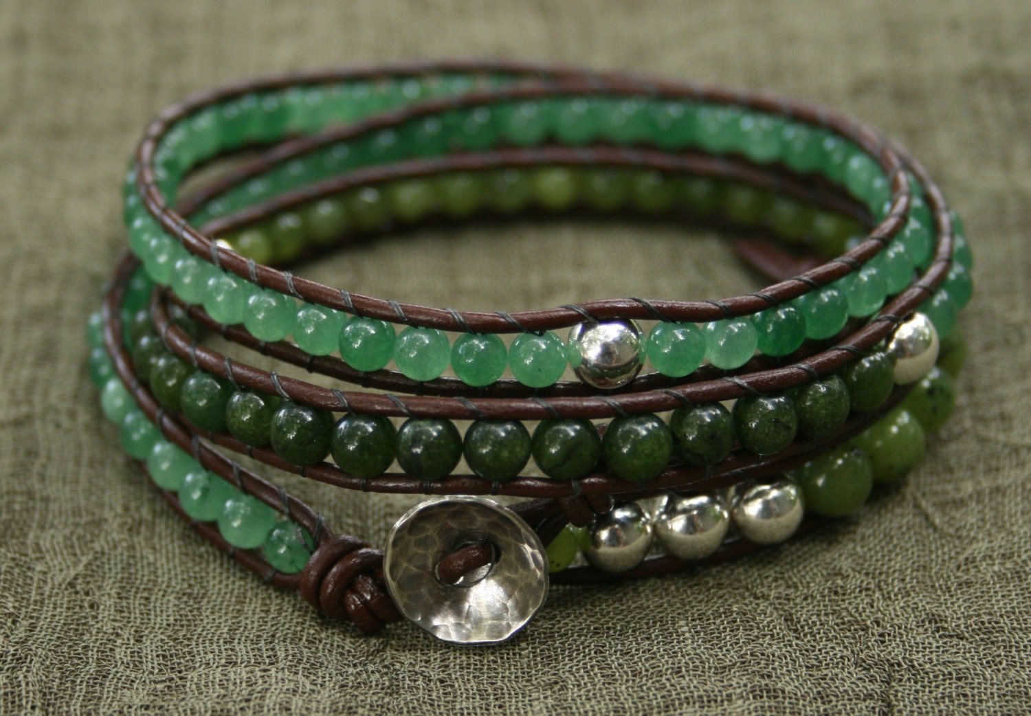 Green Jade, Aventurine, Sterling Silver, Triple Wrap Leather Beaded Bracelet.  Semiprecious beads.  Sterling beads and button.