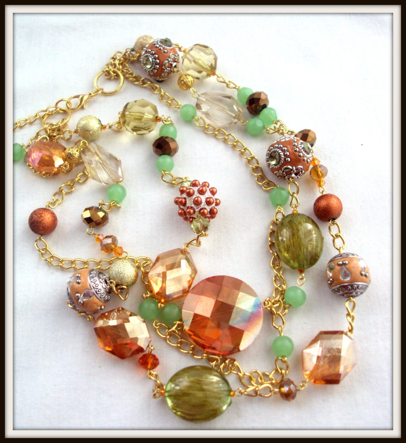 Orange and gren necklace, multi strand orange necklace,colorful necklace, handmade necklace by 4 You Jewelry Designs