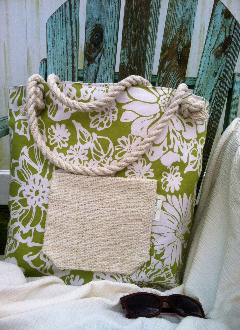 Biko Leaf.  Large Beach Tote, Green/White,  Floral, Handmade Tote, Beach Bag, Rope Handles