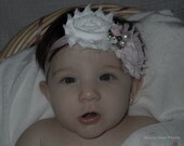 Infant girl's headband- Toddler girl's headband- pink white shabby chic roses pearl rhinestone accent