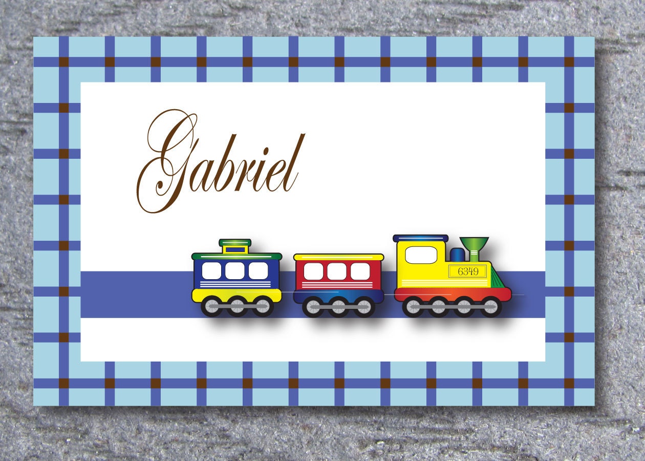 All Occasion and Thank you kids cards - boy train personalized blue and brown, blank inside cards.